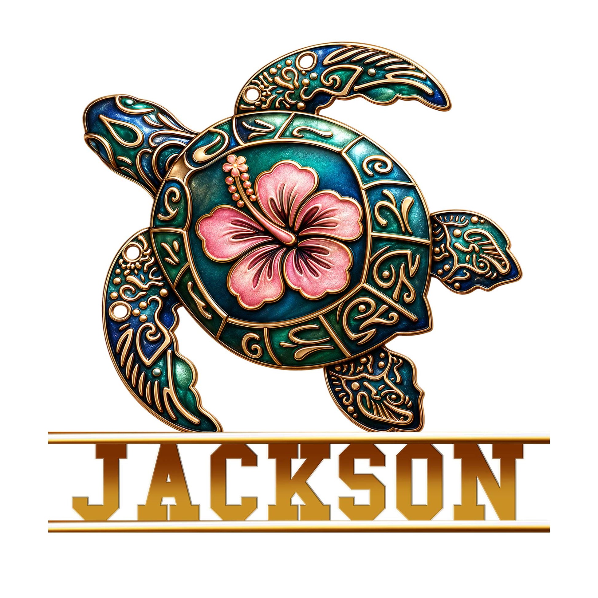 Custom turtle metal sign featuring an ornate sea turtle with a colorful hibiscus flower