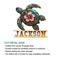 Ornate sea turtle metal sign shown in a product feature presentation