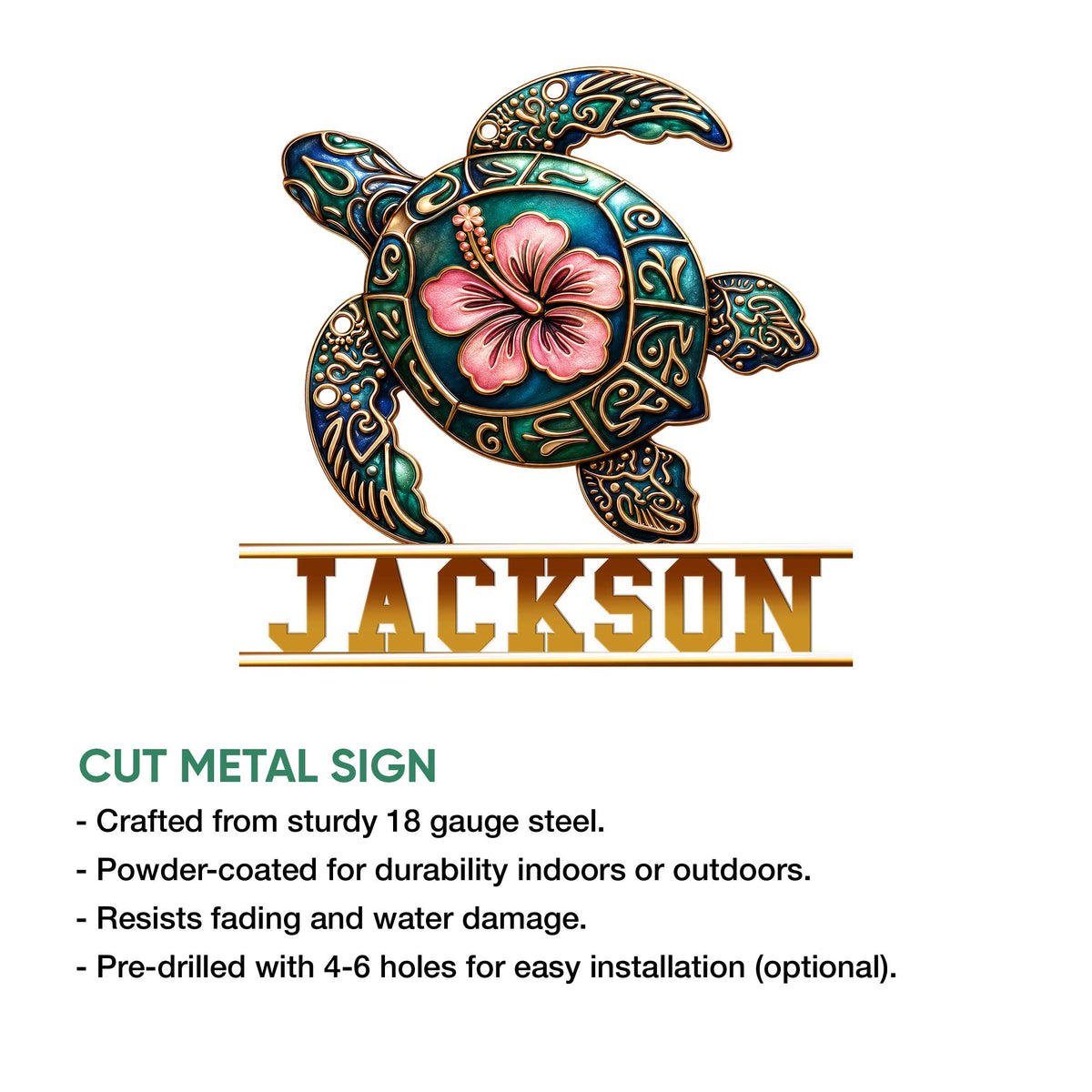 Ornate sea turtle metal sign shown in a product feature presentation