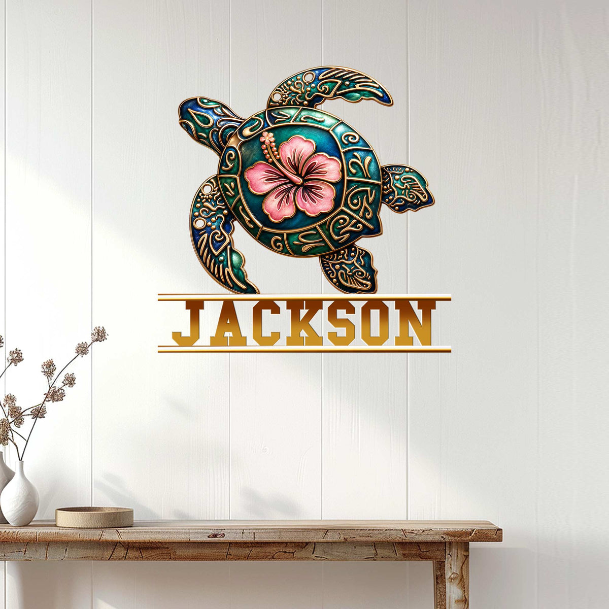 Decorative turtle metal wall sign displayed on a white paneled wall