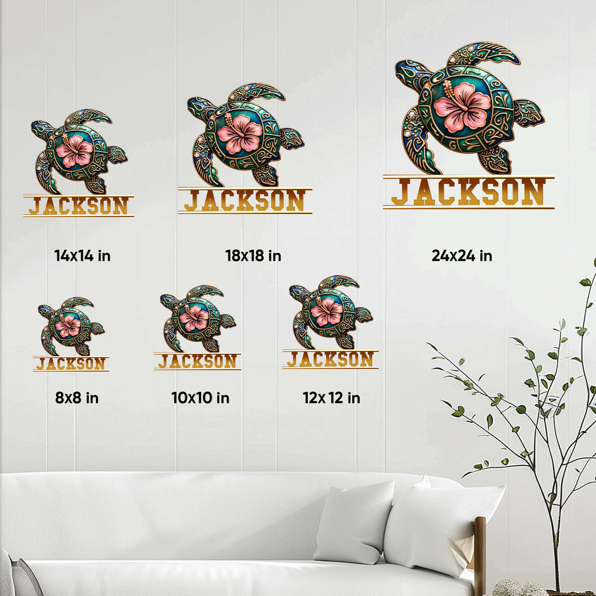 Turtle metal sign size guide showing available square dimensions from 8 by 8 to 24 by 24 inches