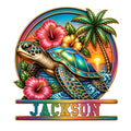 Vibrant sea turtle metal sign with tropical hibiscus flowers, palm trees, ocean waves, and sunset artwork