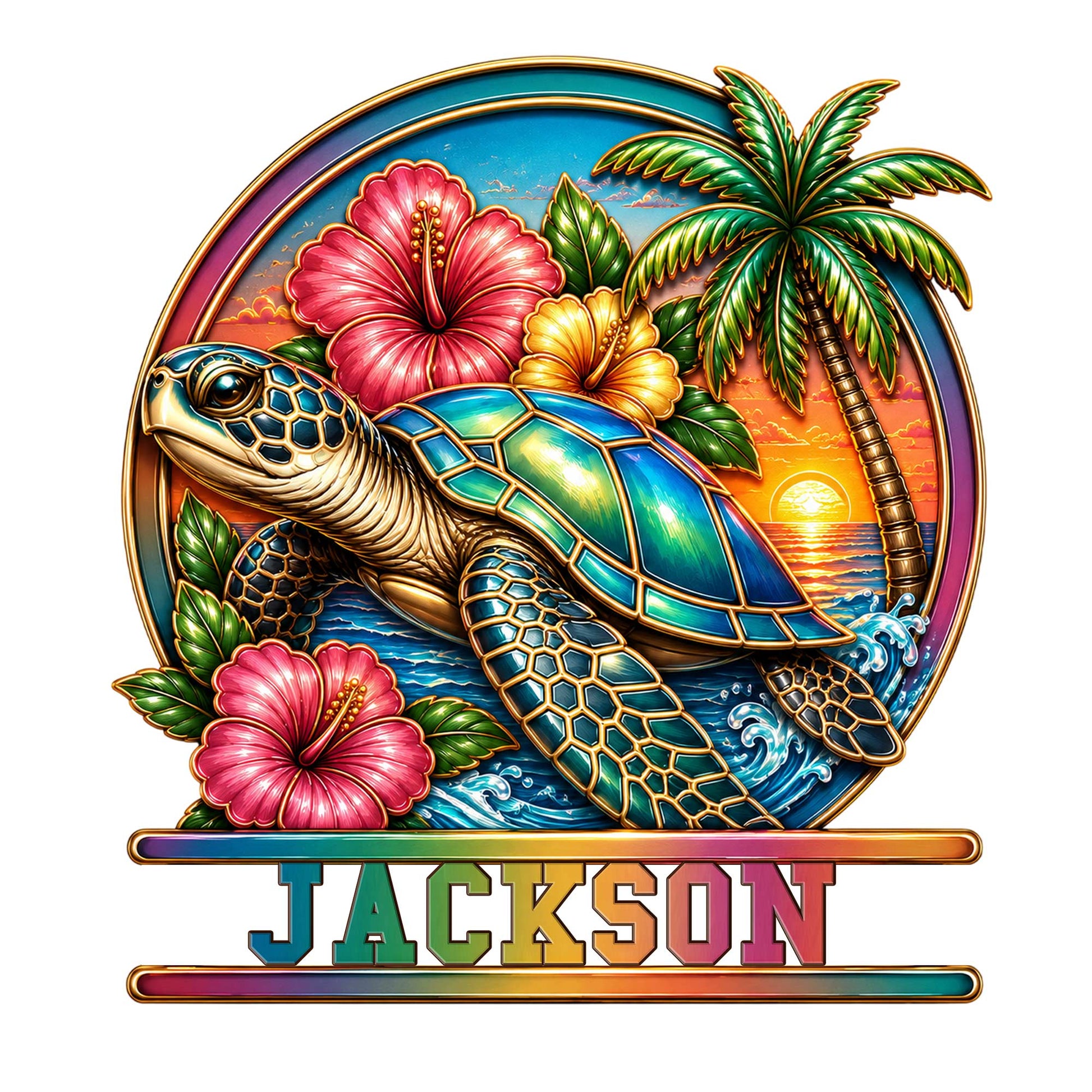 Vibrant sea turtle metal sign with tropical hibiscus flowers, palm trees, ocean waves, and sunset artwork