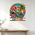 Tropical sea turtle metal wall sign displayed on a white paneled wall above a console table
