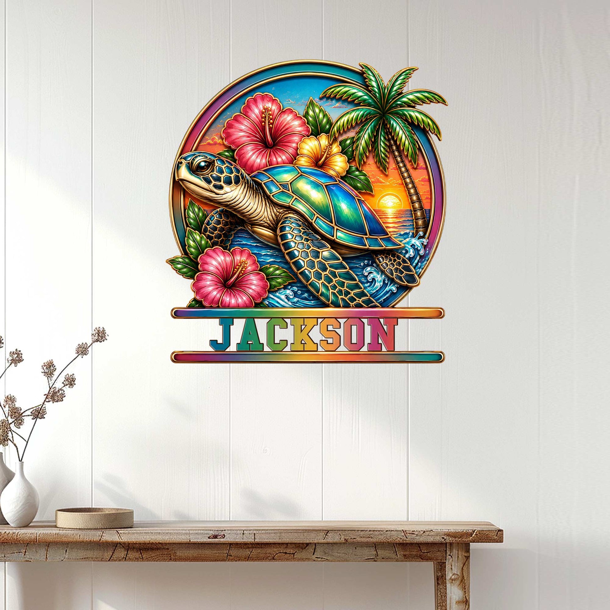 Tropical sea turtle metal wall sign displayed on a white paneled wall above a console table
