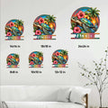 Sea turtle metal sign size guide showing multiple available dimensions in a bright tropical design