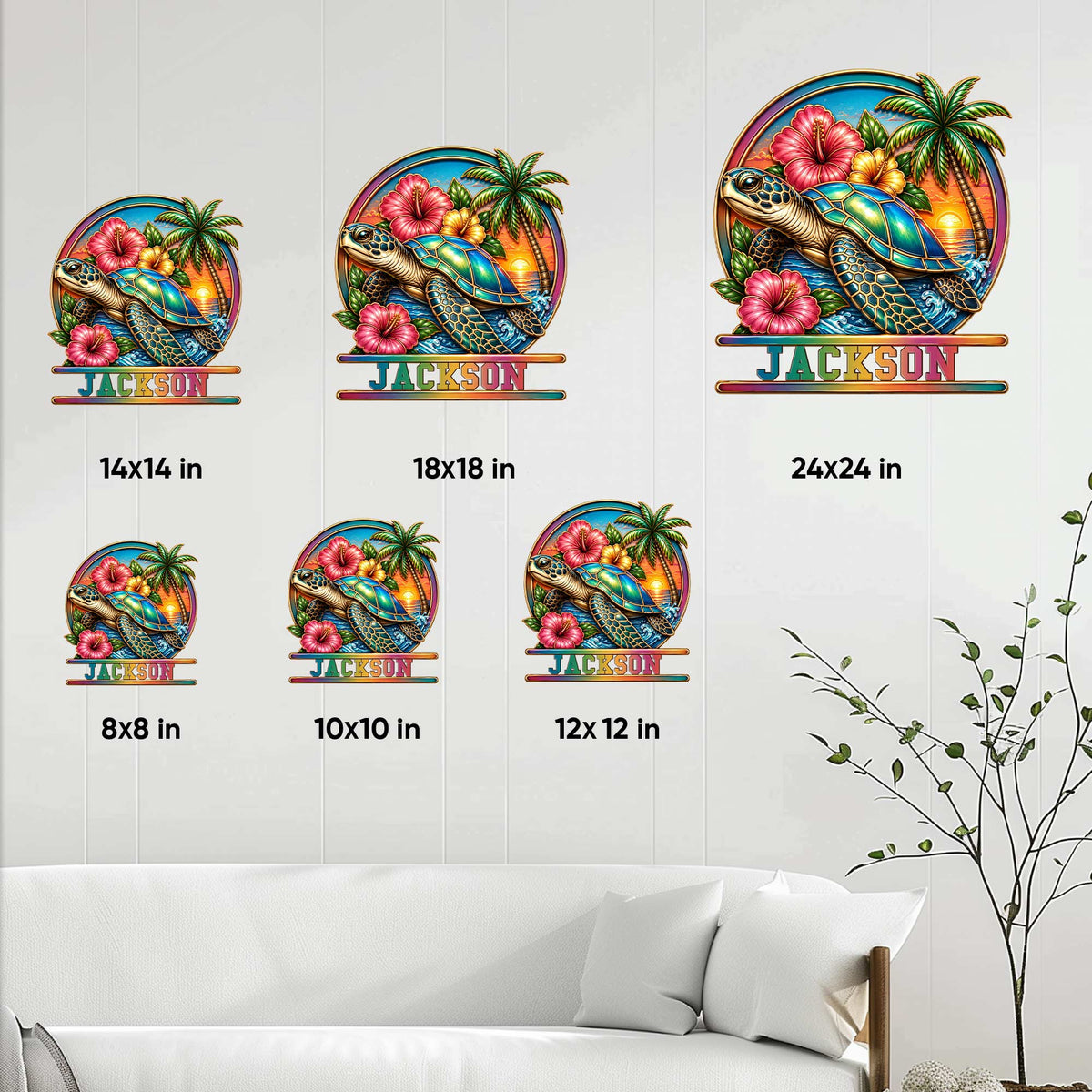 Sea turtle metal sign size guide showing multiple available dimensions in a bright tropical design