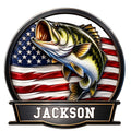 Custom bass fishing metal sign featuring a leaping largemouth bass over an American flag background