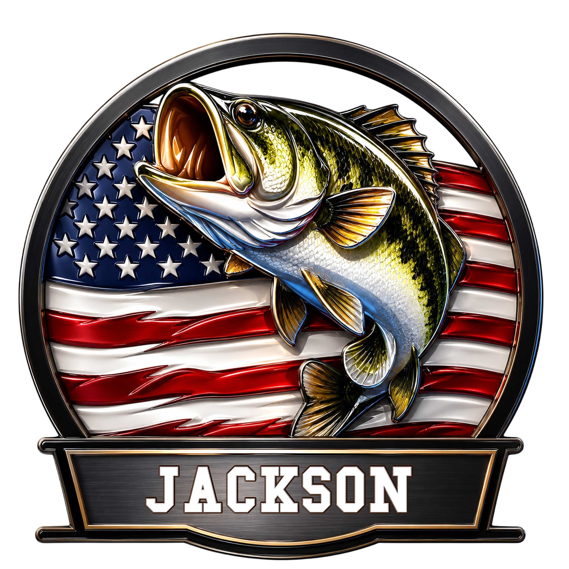 Custom bass fishing metal sign featuring a leaping largemouth bass over an American flag background