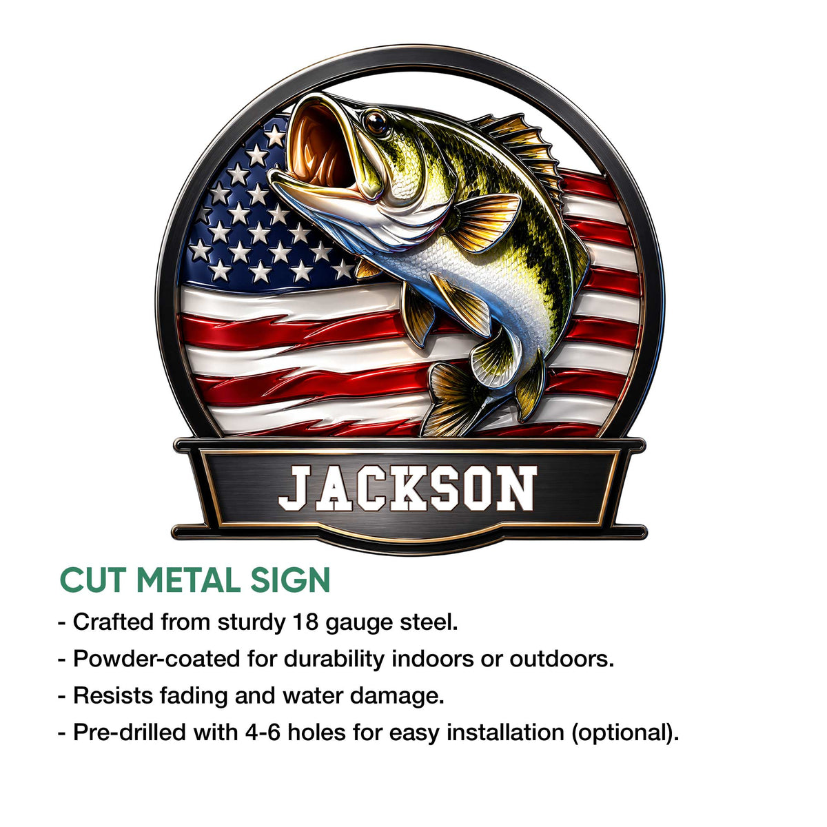 Bass fishing metal sign displayed with cut-metal sign feature details and a patriotic fish design