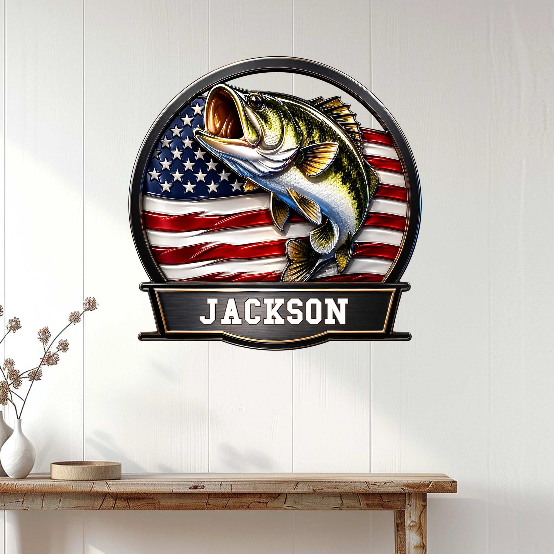 Patriotic bass fishing wall sign displayed above a console table in a bright home interior