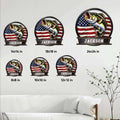 Bass fishing metal sign size guide showing six available square size options in a home decor setting