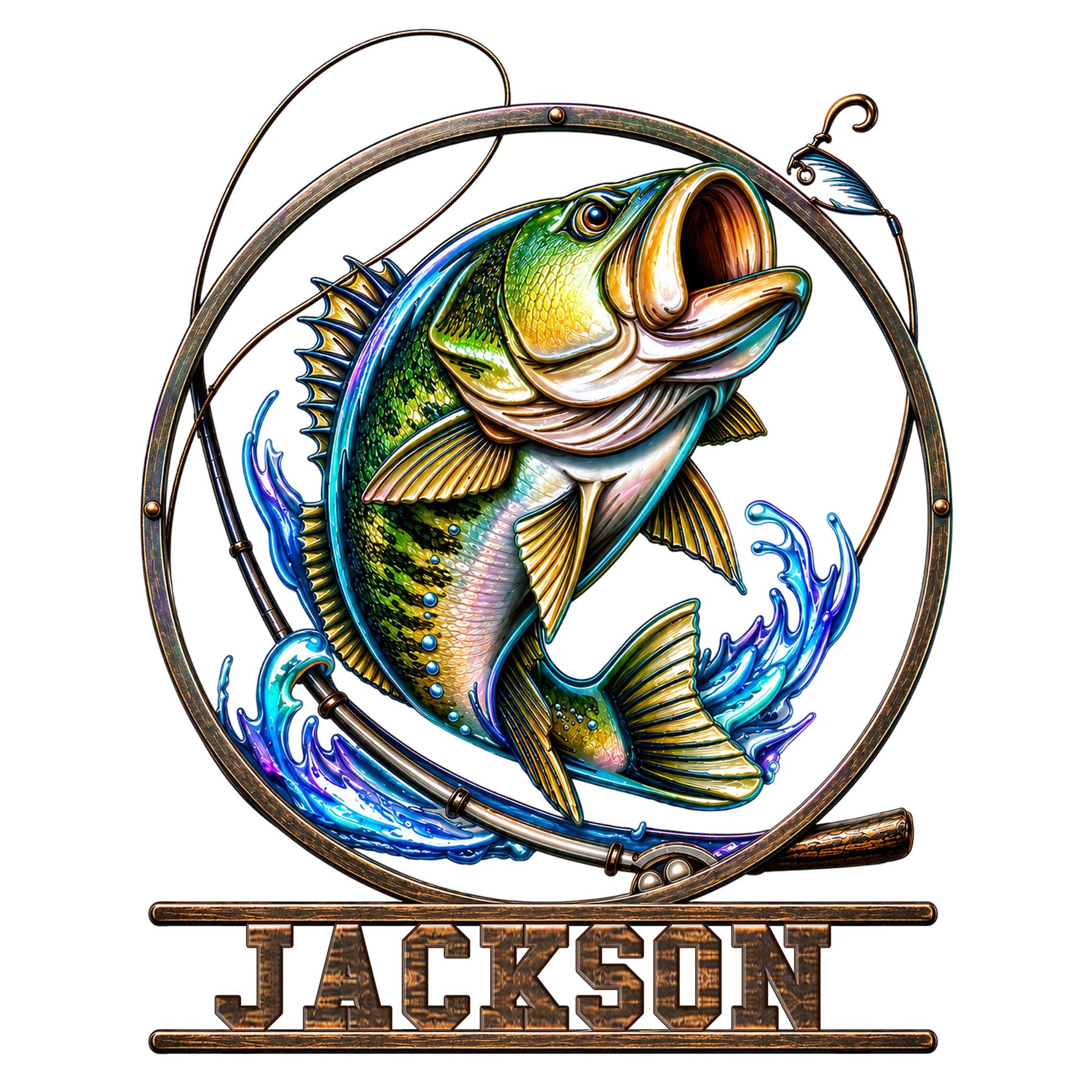 Colorful bass fishing metal sign featuring a leaping largemouth bass, fishing rod, lure, and crashing waves