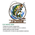 Bass fishing metal sign feature graphic showing the fish artwork and available cut-metal sign qualities