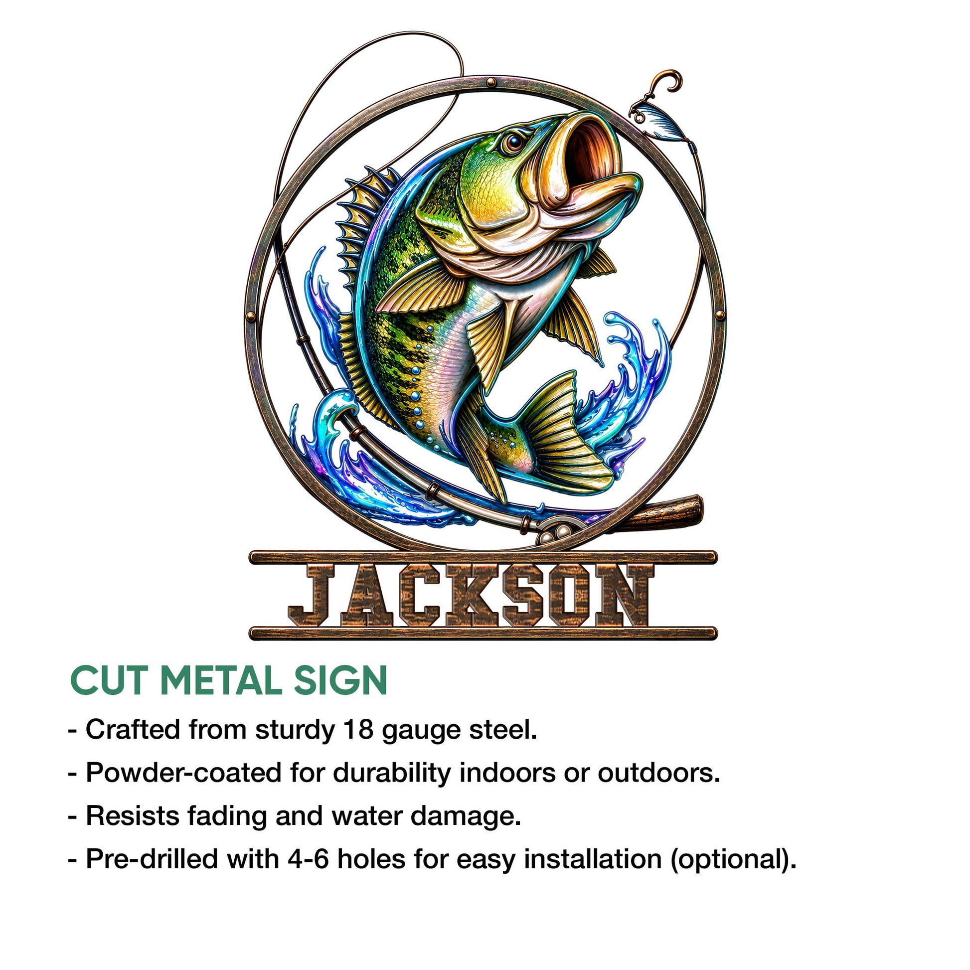 Bass fishing metal sign feature graphic showing the fish artwork and available cut-metal sign qualities