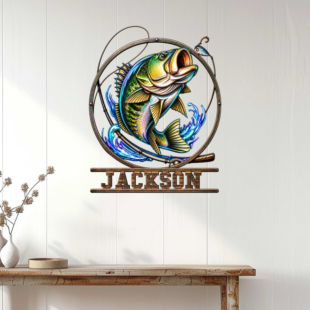 Bass fishing wall sign displayed on a light wood wall above a console table in a home decor setting