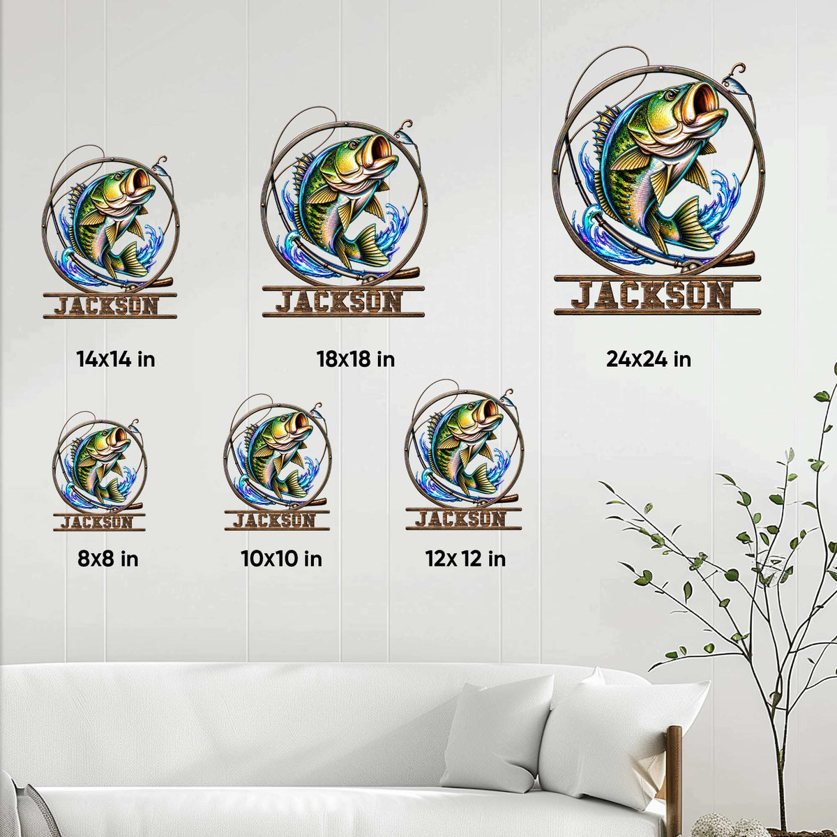 Bass fishing metal sign size guide showing display options from 8 by 8 inches to 24 by 24 inches