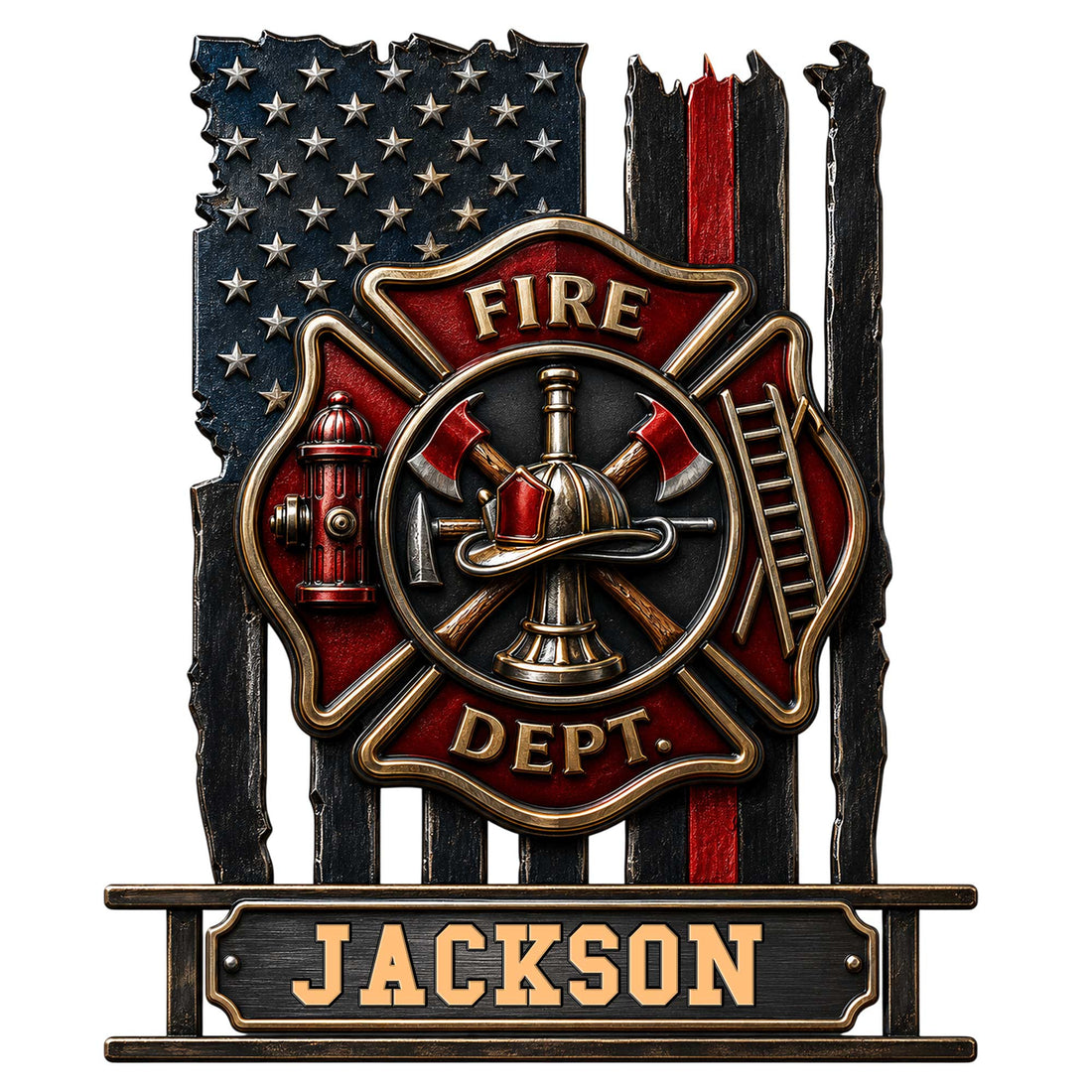 Custom firefighter metal sign with Maltese cross, helmet, crossed axes, fire hydrant, ladder, and American flag design