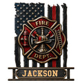 Custom firefighter metal sign with Maltese cross, helmet, crossed axes, fire hydrant, ladder, and American flag design