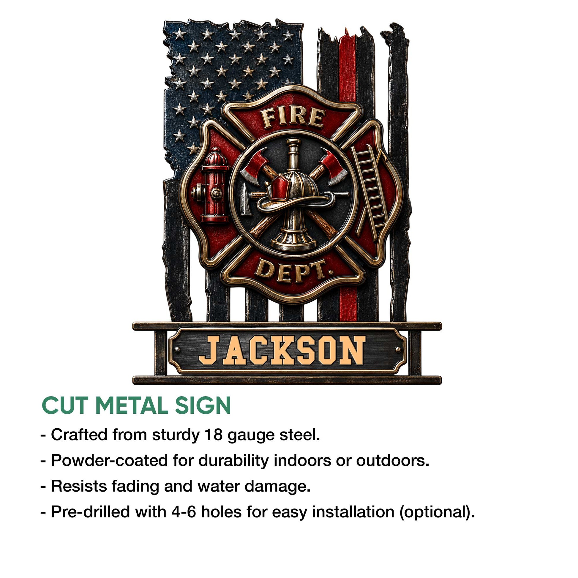 Cut metal firefighter sign featuring a red Maltese cross, fire helmet, axes, hydrant, ladder, and flag-inspired backdrop