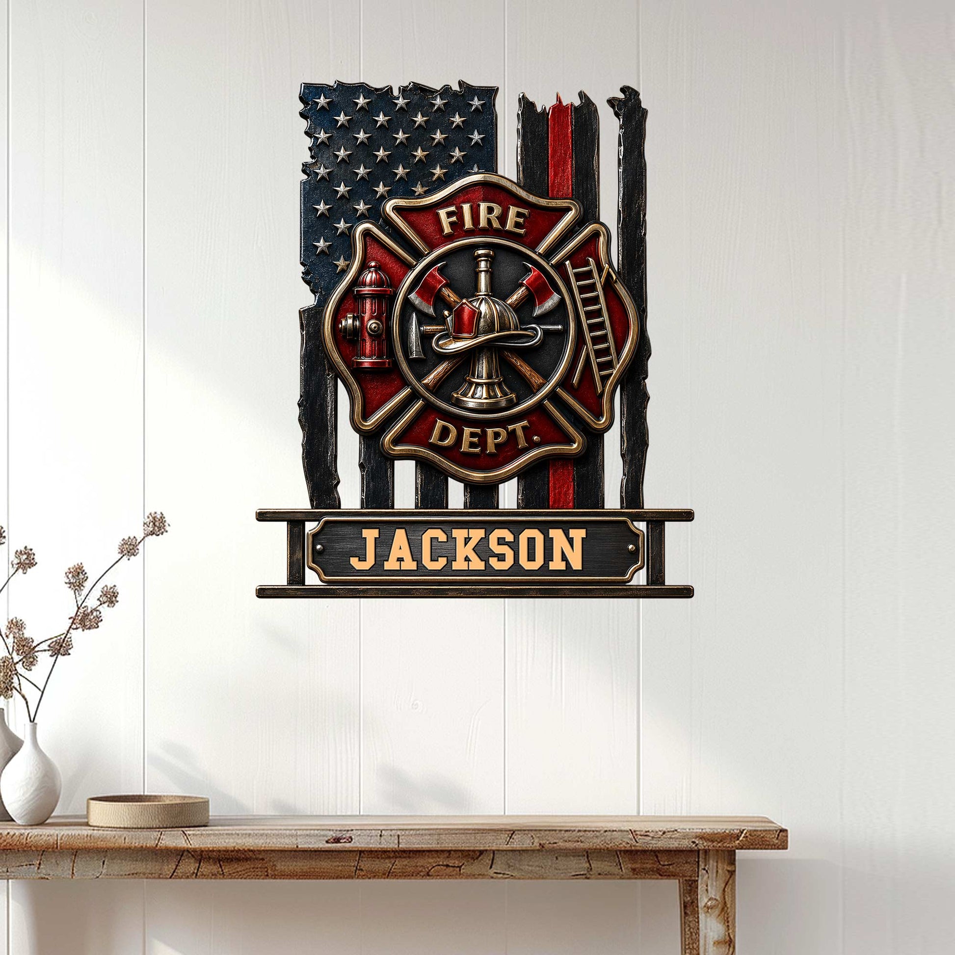 Fire department metal wall sign displayed on a white paneled wall above a console table