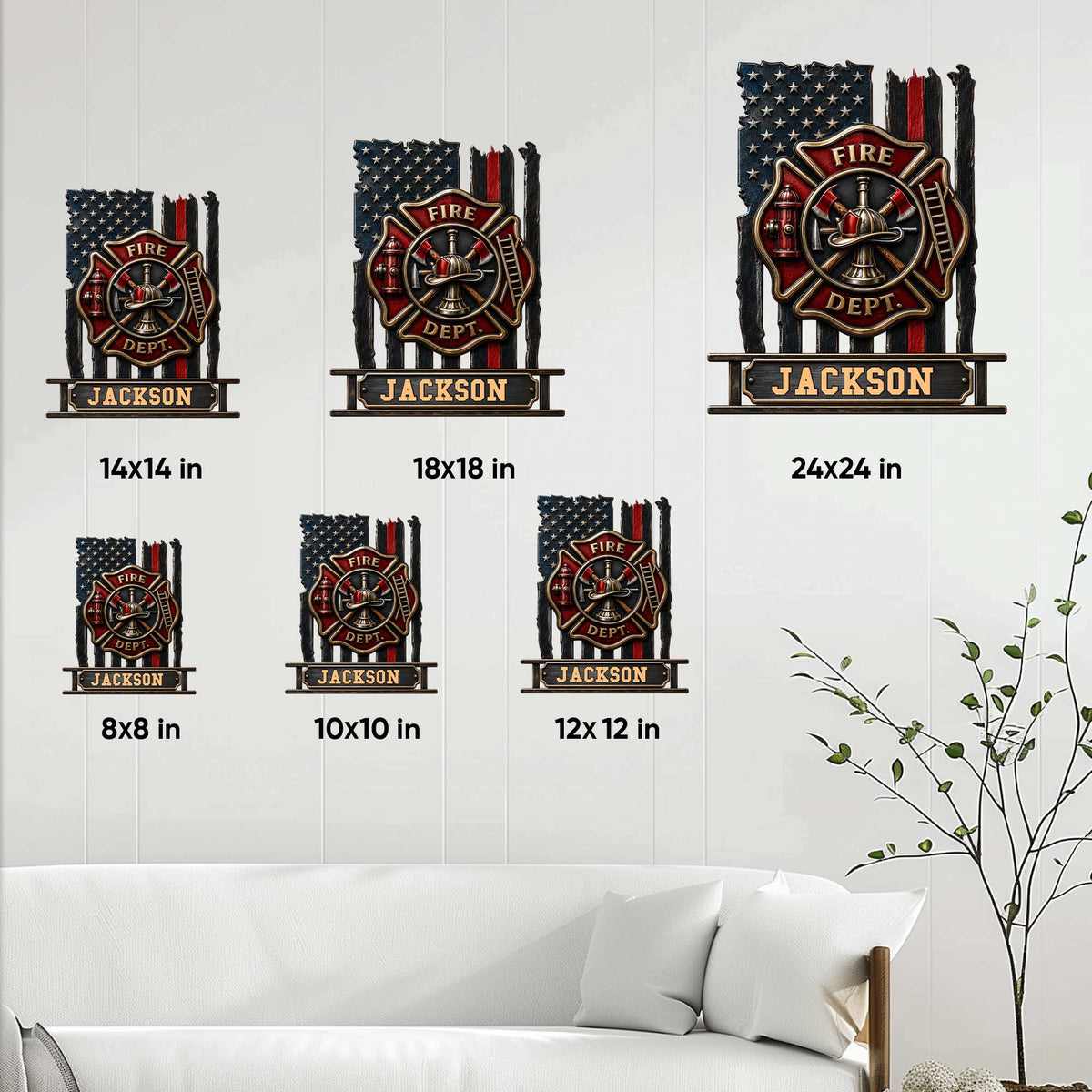Firefighter metal sign size guide showing 8x8, 10x10, 12x12, 14x14, 18x18, and 24x24 inch options
