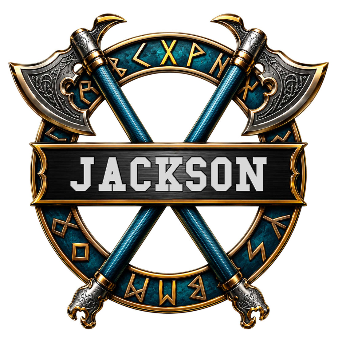 Custom Viking metal sign featuring crossed ornate battle axes, Norse runes, and a bold circular emblem