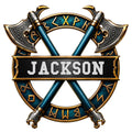 Custom Viking metal sign featuring crossed ornate battle axes, Norse runes, and a bold circular emblem