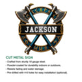 Viking axe metal sign product graphic showing the ornate crossed axes and Norse-inspired emblem design