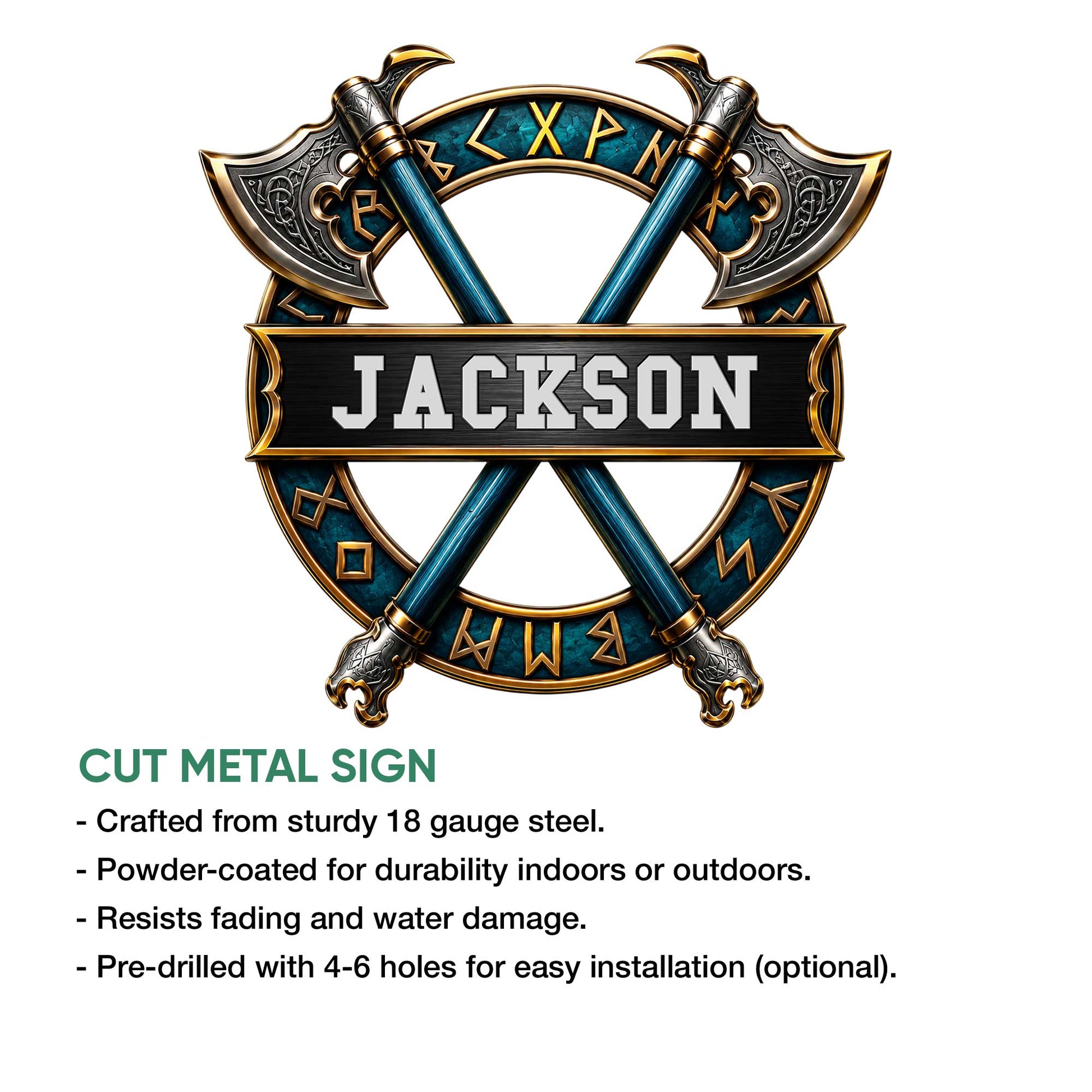 Viking axe metal sign product graphic showing the ornate crossed axes and Norse-inspired emblem design
