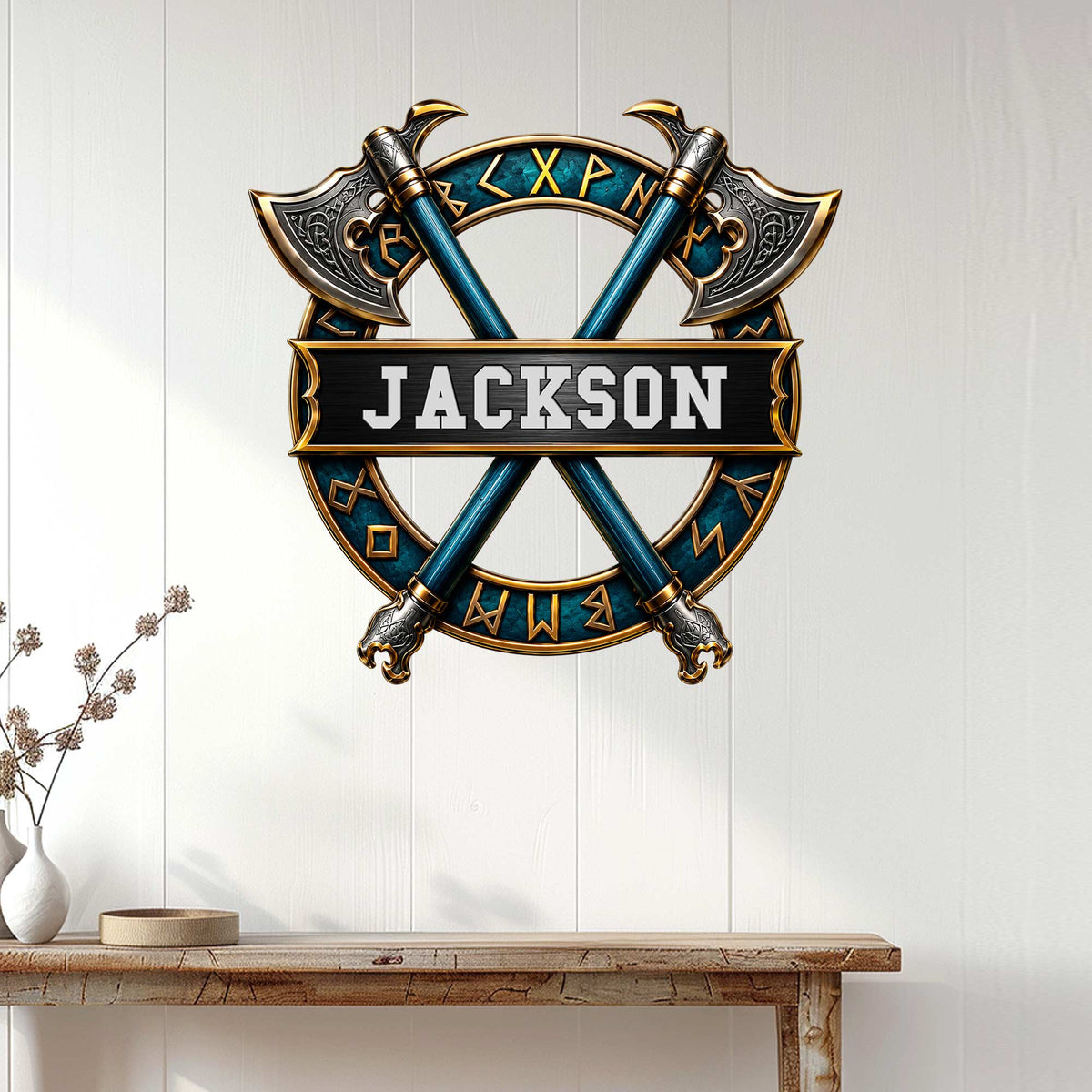 Custom Viking wall sign displayed above a console table in a bright home interior