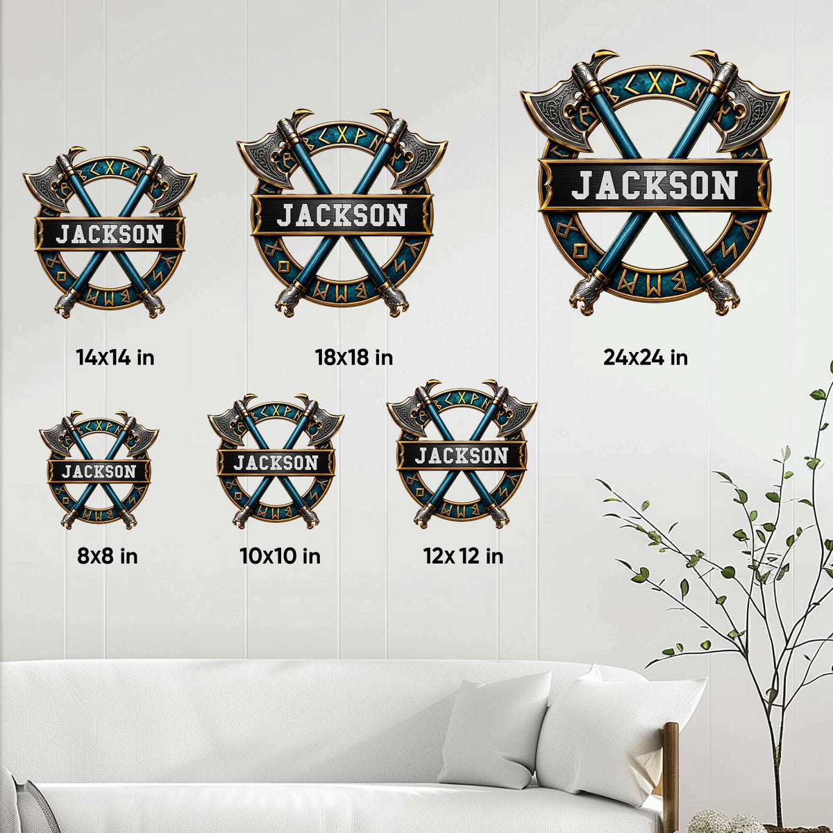 Viking axe metal sign size guide showing multiple square size options for wall display
