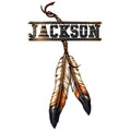 Native American-inspired dreamcatcher metal sign with detailed feathers and a custom top bar
