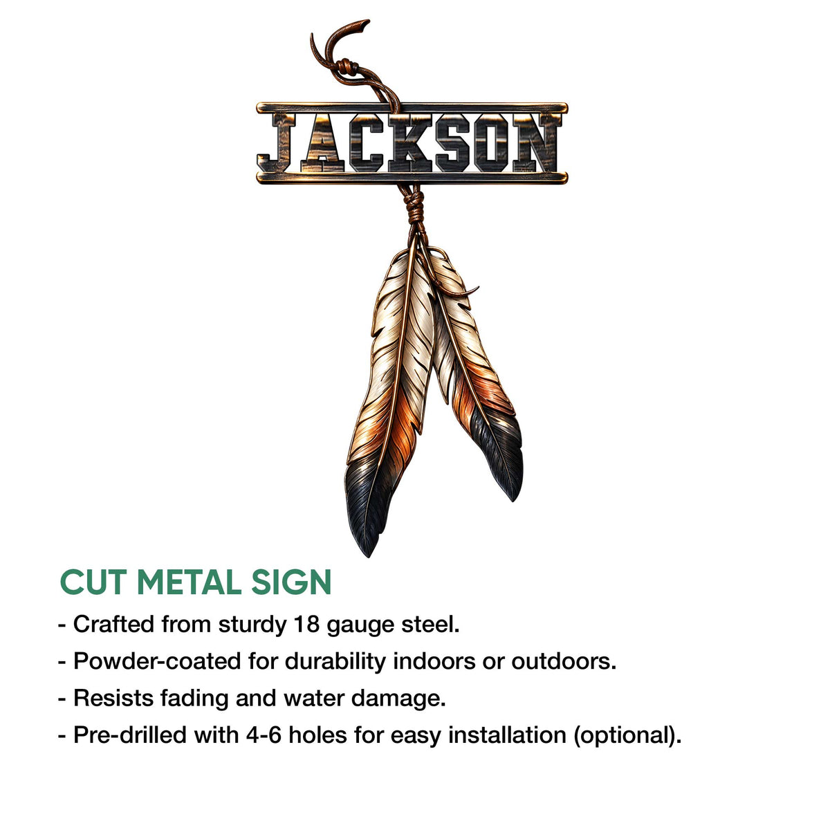 Cut metal dreamcatcher sign featuring layered feathers, a wrapped cord design, and indoor or outdoor use