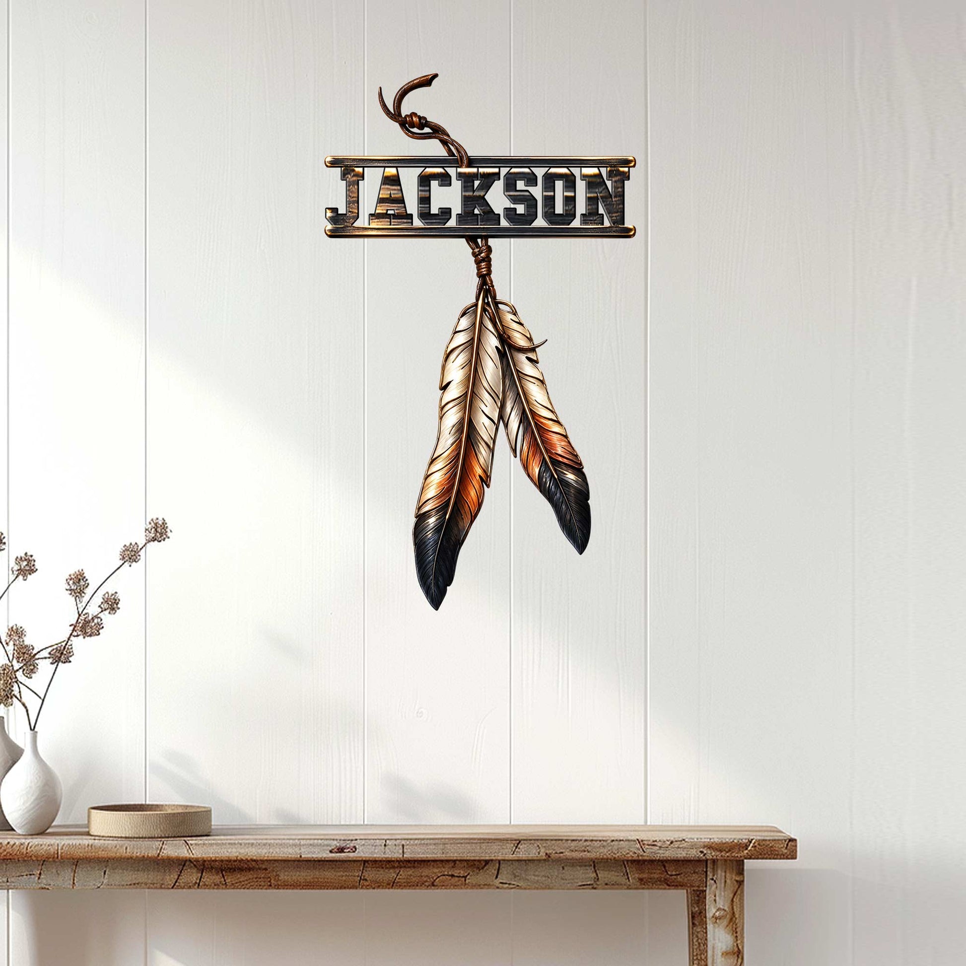 Native American-inspired feather dreamcatcher sign displayed on a bright paneled entryway wall