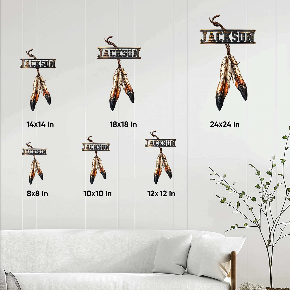 Dreamcatcher metal sign size guide showing available square sizes from 8 by 8 to 24 by 24 inches