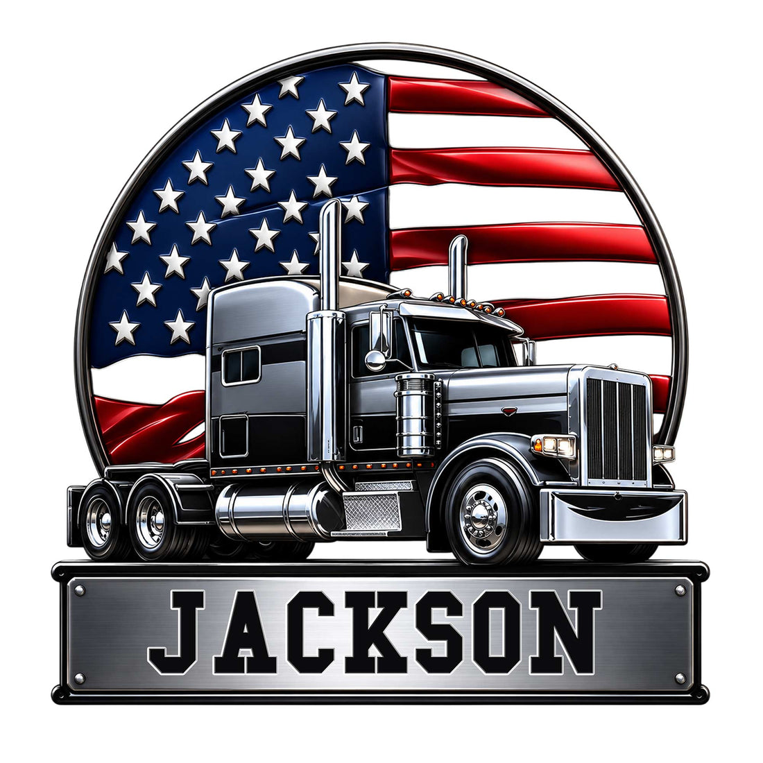 Custom trucker metal sign featuring a detailed semi truck against a waving American flag