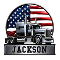 Custom trucker metal sign featuring a detailed semi truck against a waving American flag