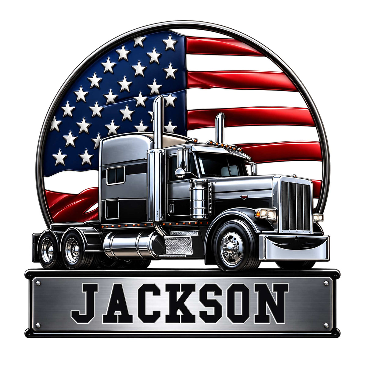 Custom trucker metal sign featuring a detailed semi truck against a waving American flag