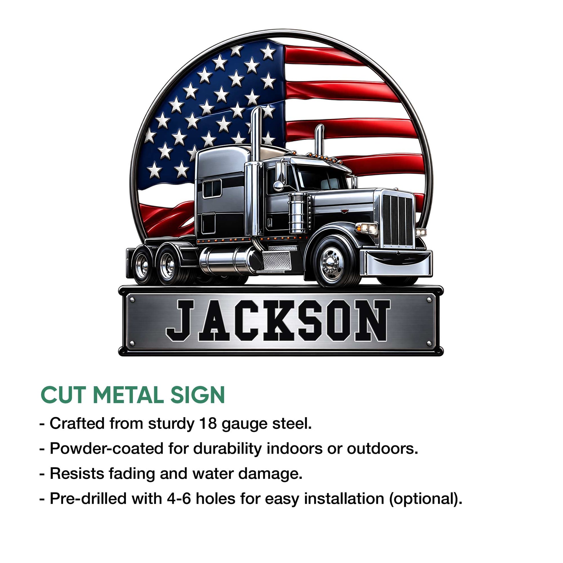 Trucker metal sign feature graphic showing a semi truck with an American flag design