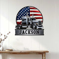 American flag semi truck wall sign displayed as bold decor above a console table