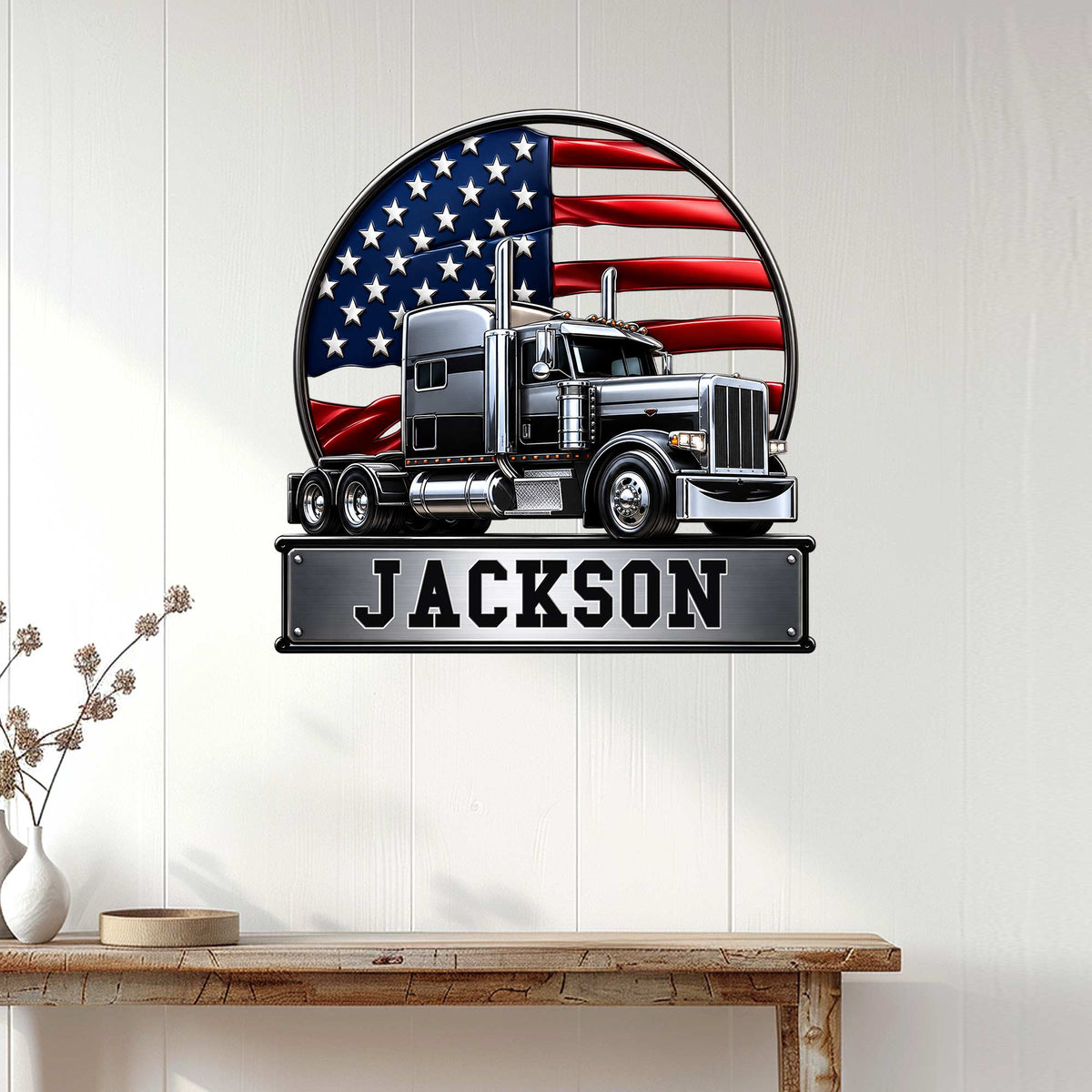 American flag semi truck wall sign displayed as bold decor above a console table