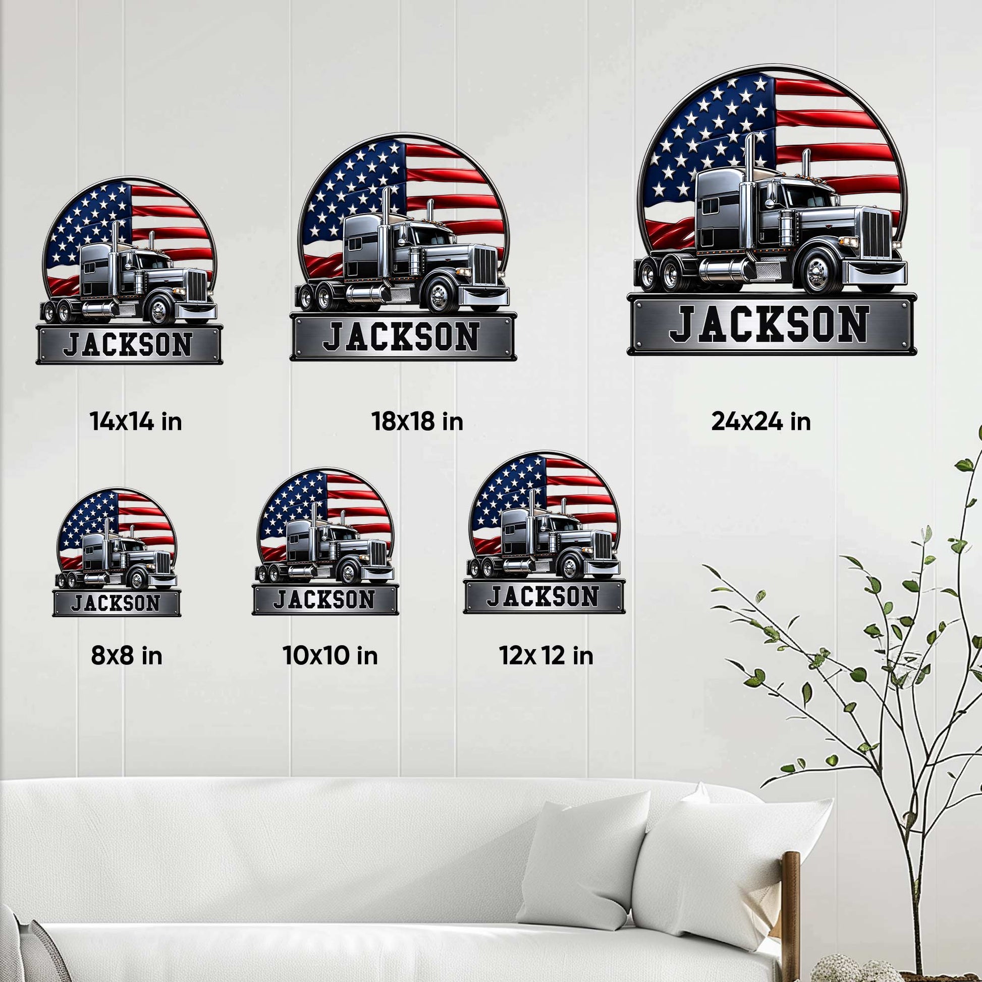 Trucker metal sign size guide showing six available sizes from 8 by 8 to 24 by 24 inches