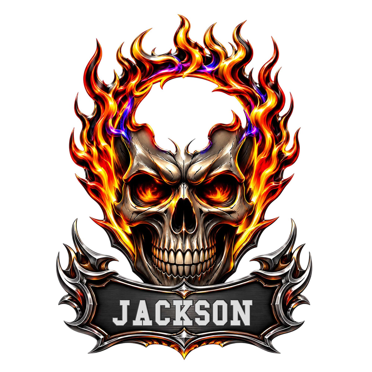 Fiery skull metal sign with glowing eyes, vivid flames, and an ornate dark ornamental banner
