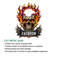 Fiery skull cut metal sign feature graphic highlighting indoor and outdoor display use