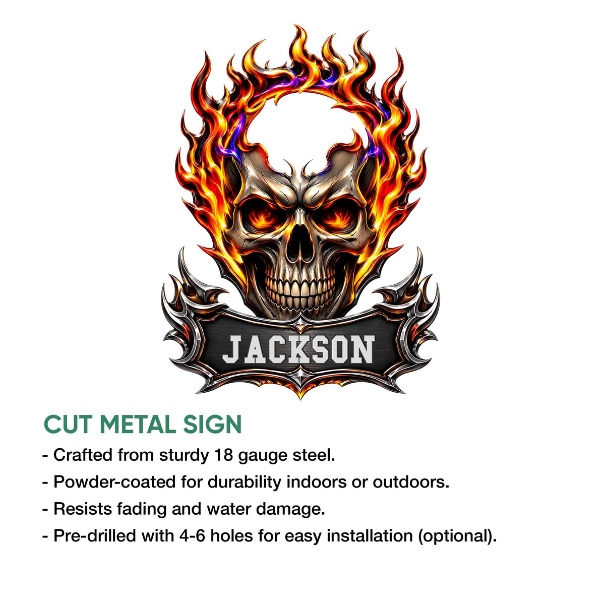 Fiery skull cut metal sign feature graphic highlighting indoor and outdoor display use