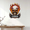 Fiery skull metal wall sign displayed as bold gothic decor above a wooden console