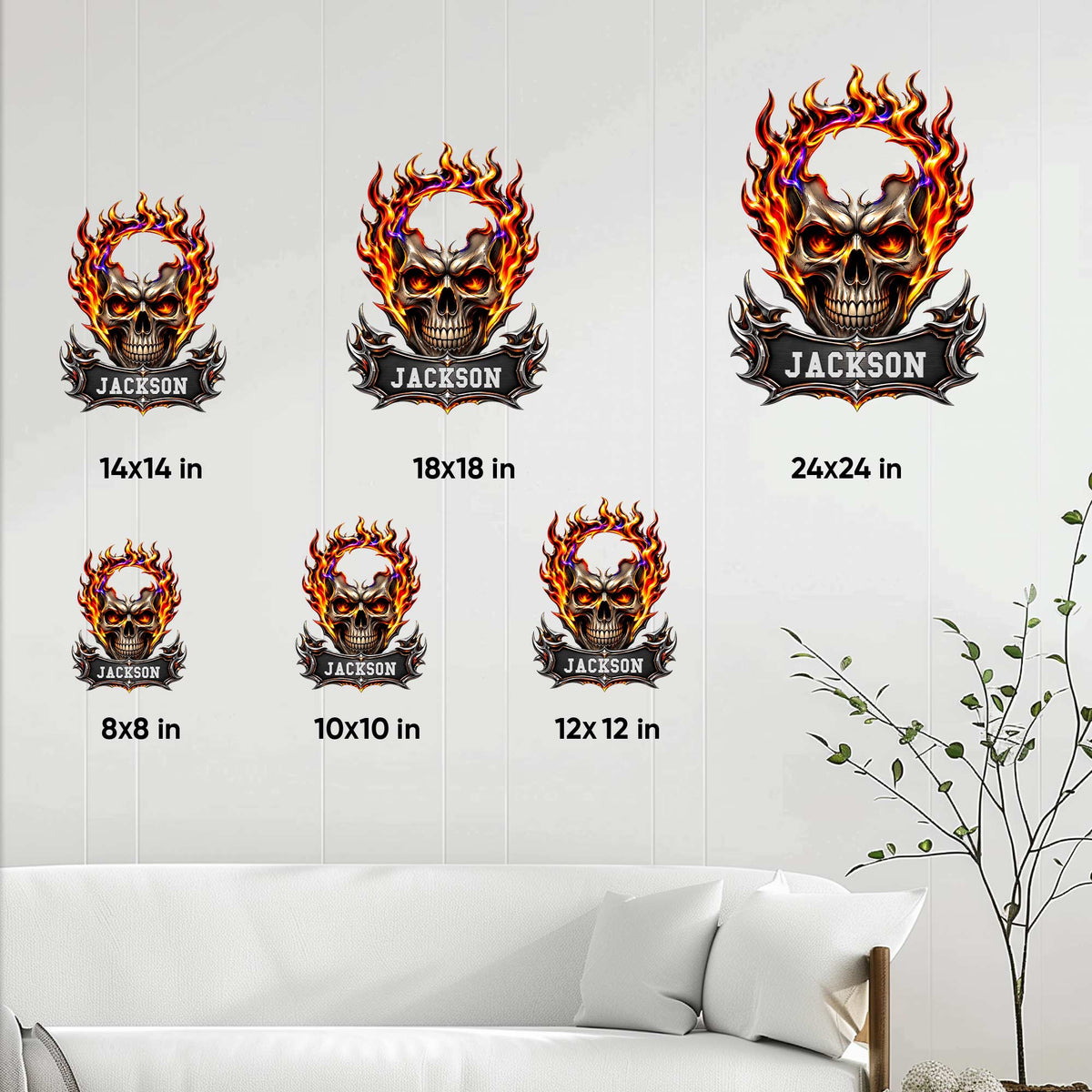 Skull metal sign size guide showing available square sizes from 8 by 8 to 24 by 24 inches