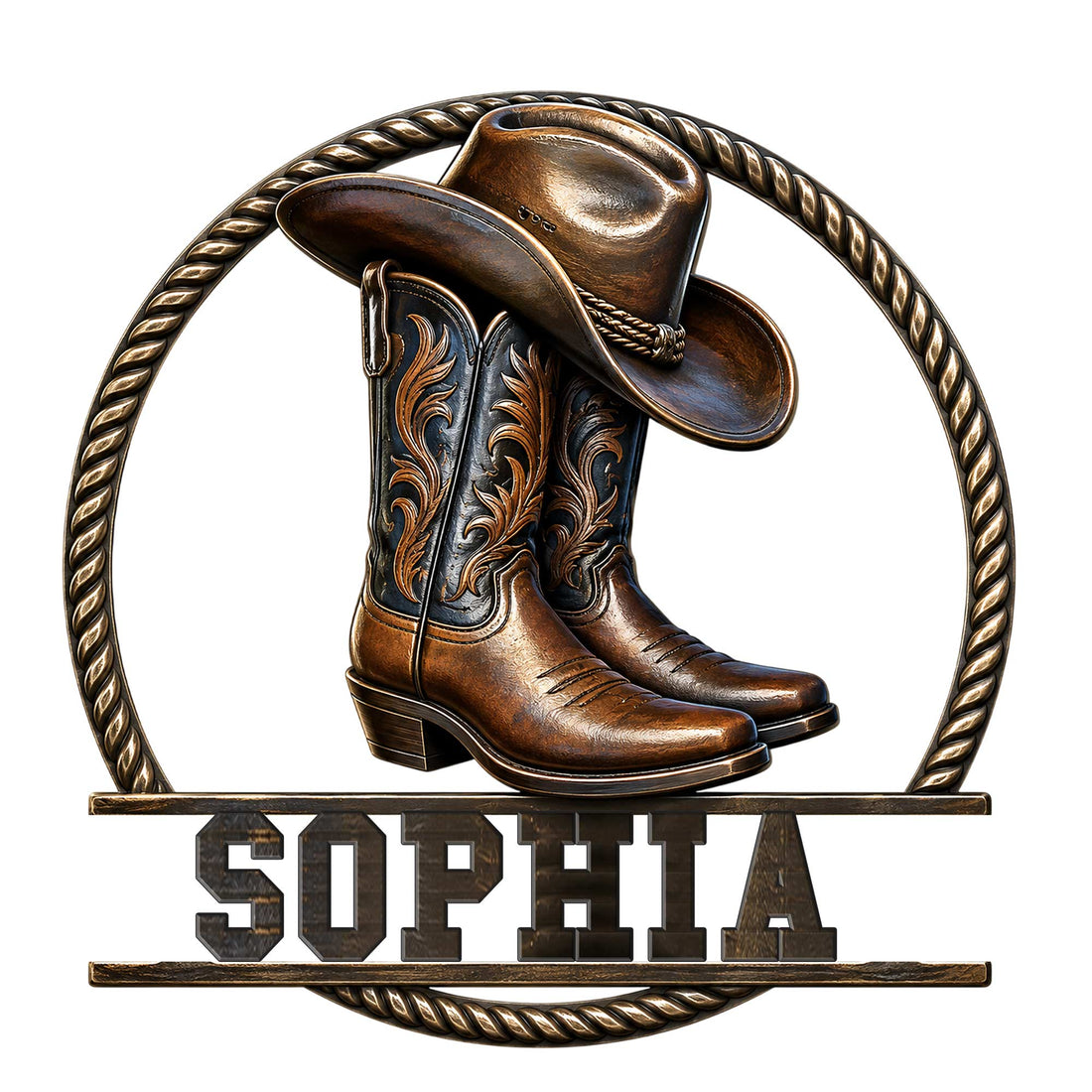 Cowgirl metal sign featuring ornate western boots and a cowboy hat inside a twisted rope frame