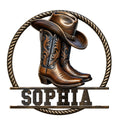 Cowgirl metal sign featuring ornate western boots and a cowboy hat inside a twisted rope frame